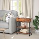Lift top end table in rustic brown with charging station, wheels, and open shelves for versatile use in any room.