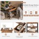 Lift top end table in rustic brown with charging station, open shelves, and hidden storage for versatile use.
