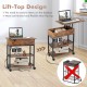 Lift top end table in rustic brown with charging station, featuring wheels for easy movement and two open shelves.