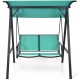 Two-person patio swing with green weather-resistant canopy and sturdy steel frame, perfect for outdoor relaxation.
