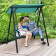 Two-person patio swing with adjustable green canopy, sturdy steel frame, perfect for garden or deck relaxation.
