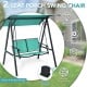 Two-person patio swing chair with adjustable green canopy and sturdy steel frame, perfect for outdoor relaxation.