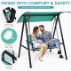 Two-person patio swing with adjustable green canopy, sturdy steel frame, and breathable seat for outdoor relaxation.