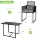 Outdoor dining set dimensions showing a chair and table, featuring hand-woven PE rattan and soft cushions for comfort.