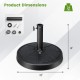 Round 18-inch outdoor umbrella base made of high-strength resin, 31 lbs, with a rustproof metal pole and hand-turn knob.