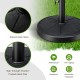 Round outdoor umbrella base with robust resin, powder-coated metal pole, waterproof and rustproof for patio use.
