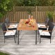 Outdoor PE wicker chairs with acacia wood armrests, featuring cushions, set for patio dining and relaxation.