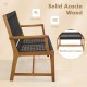 Side view of a patio dining chair made of solid acacia wood with armrests, featuring hand-woven plastic ropes for.