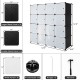 Modular 16-cube storage organizer in black featuring a stylish pattern, perfect for versatile storage in any room.