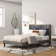 Full/Queen size upholstered platform bed with button tufted headboard, featuring a stylish gray linen fabric for.