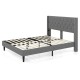 Full/Queen size upholstered platform bed with button tufted headboard and sturdy wooden slats for bedroom comfort.