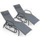 Gray outdoor chaise lounge glider chair set with adjustable backrests, armrests, and removable pillows for family.