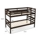 Espresso twin over twin bunk bed frame displaying dimensions and features like integrated ladder and high guardrails.