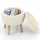 Round storage ottoman in beige with rubber wood legs, featuring ample internal storage and a flip-over lid for.