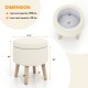 Round storage ottoman in beige showcasing dimensions, featuring rubber wood legs and a padded lid for versatile use.