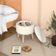 Beige round storage ottoman with rubber wood legs, featuring a flip-over lid for snacks and ample internal storage.