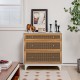 3-drawer rattan dresser chest in brown with sturdy legs, anti-toppling device, perfect for living room or bedroom.