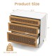 3-drawer rattan dresser chest in brown with dimensions, featuring sturdy design and anti-toppling device for stability.