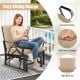 Patio glider rocking chair with thick tan cushion and curved armrest, perfect for outdoor relaxation.
