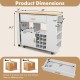 Detailed product dimensions of the reversible folding kitchen island cart showcasing its adjustable shelves and large.