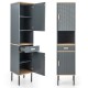Narrow gray free-standing bathroom cabinet with open doors, showcasing its ample storage space and adjustable shelves.