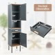 Free-standing gray bathroom cabinet with doors and drawer, featuring adjustable shelves and solid metal legs for.