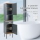 Free-standing gray bathroom cabinet with adjustable shelves, drawer, and solid metal legs for versatile storage.