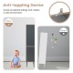 Narrow gray free-standing bathroom cabinet with doors and drawer, featuring an anti-toppling device for safety.