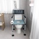 Folding bedside commode chair with adjustable height, detachable bucket, and towel holder for convenience and stability.