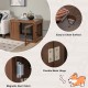 Furniture dog crate with double doors in walnut, featuring a cushioned bed and easy-to-clean surface for pet comfort.