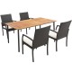 5-piece patio dining set featuring acacia wood table and cushioned PE rattan chairs, ideal for outdoor dining.