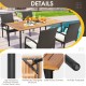 Patio dining set featuring acacia wood tabletop, cushioned chairs, and anti-slip footpads, perfect for outdoor use.