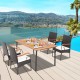 5-piece patio wicker dining set featuring acacia wood tabletop and detachable cushions, perfect for outdoor dining.