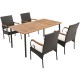 5-piece patio wicker dining set featuring acacia wood tabletop, PE rattan chairs, and detachable cushions for outdoor.