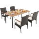 5-piece patio wicker dining set featuring acacia wood table and hand-woven PE rattan chairs with detachable cushions.