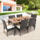 7-piece patio wicker dining set featuring acacia wood tabletop and detachable cushions, perfect for outdoor gatherings.