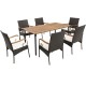 7-piece patio wicker dining set featuring acacia wood tabletop, detachable cushions, and umbrella hole for outdoor.