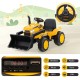 Yellow 12V kid's ride-on excavator with adjustable digging bucket, remote control, and MP3 features for outdoor fun.
