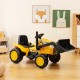 Kid's yellow ride-on excavator with adjustable digging bucket, remote control, and safety features for indoor fun.