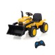 Yellow 12V kid's ride-on excavator featuring a remote control, MP3 function, and adjustable bucket for engaging outdoor.