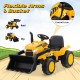 Close-up of the 12V kid's ride-on excavator's adjustable bucket handle, designed for interactive play and safe.