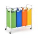 Four-section laundry sorter with colorful bags, durable metal frame, and smooth casters for easy clothes organization.