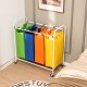 Four-section laundry sorter with colorful bags, robust metal frame, and lockable casters for easy clothes sorting.