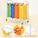 Four-section laundry sorter with colorful bags, sturdy handles, and a heavy-duty metal frame for efficient clothes.