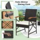 Patio wicker dining chair with ergonomic backrest, acacia wood armrests, and adjustable footpads for outdoor comfort.