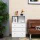 3-drawer white dresser with cubbies, made of engineered wood, perfect for bedroom or living room storage.