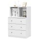 White 3 drawer dresser with cubbies, made of engineered wood, ideal for bedroom or living room storage.