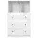 3 drawer white dresser with cubbies, made of engineered wood, ideal for bedroom or living room storage solutions.