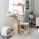 Multi-level 55-inch tall cat tree with natural wood finish, removable cushions, and scratching posts for climbing and.