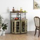 Industrial corner bar cabinet in taupe with glass holder, adjustable shelf, and metal mesh doors for stylish storage.